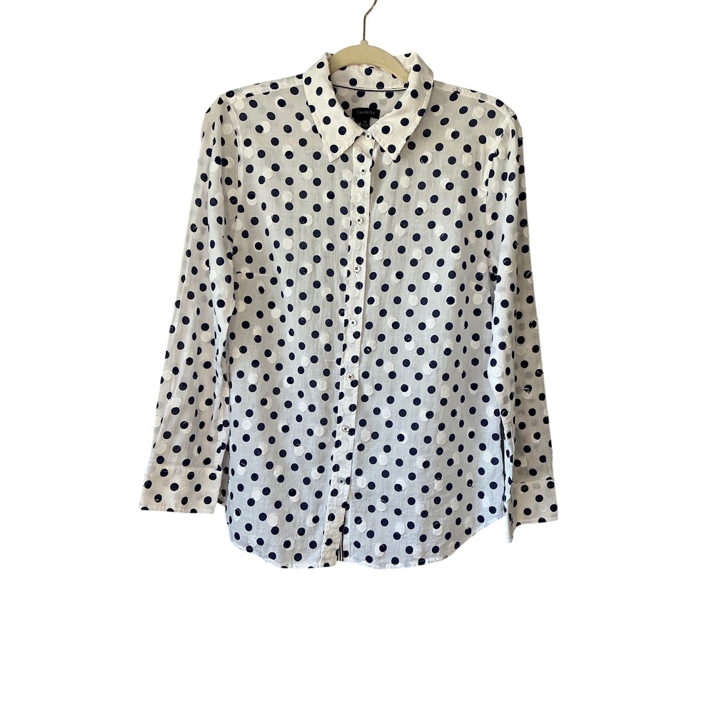 Talbots Womens White Navy‎ Polka Clip Dot Button Down Shirt Size M Long Sleeve